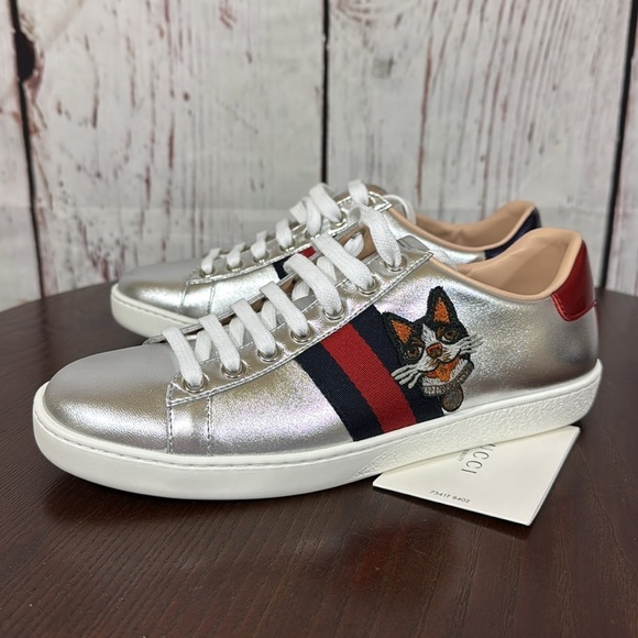 GUCCI ACE Year of the Dog Metallic Silver Women’s Napa Leather Sneakers 7 NiB - Picture 16 of 17